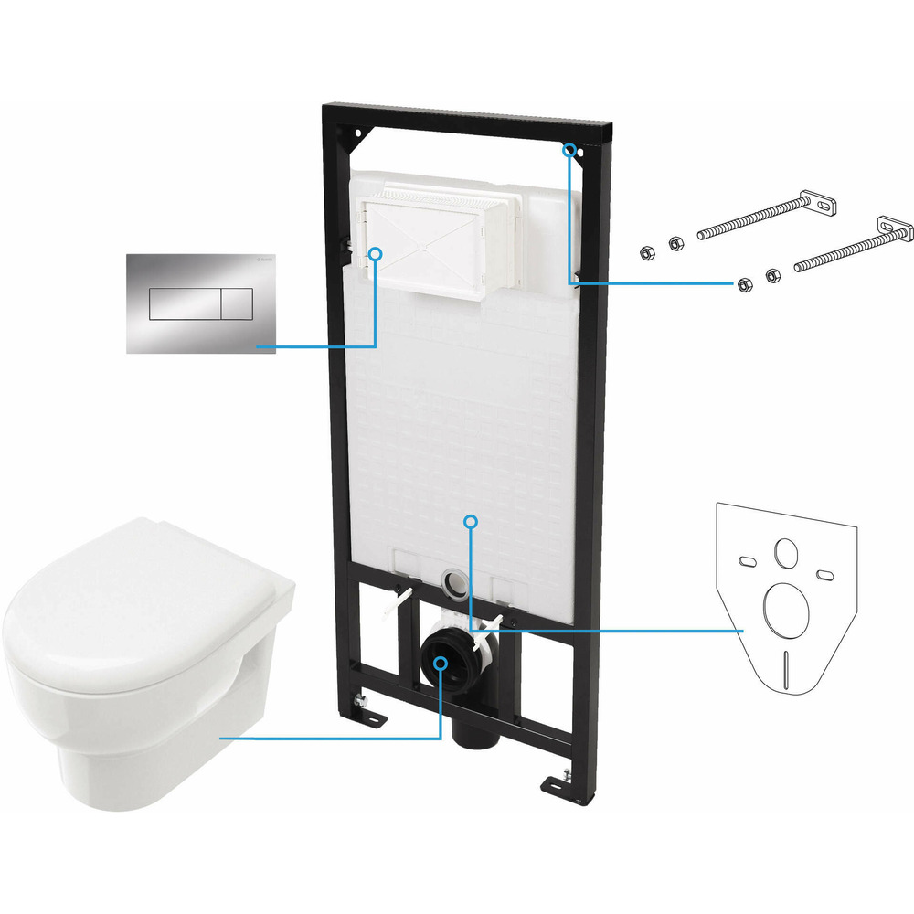 Set vas WC suspendat Deante Avis alb cu cadru de toaleta, rezervor ascuns si cu buton de actiune crom actiune