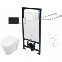 Set vas WC suspendat Deante Avis alb cu cadru de toaleta, rezervor ascuns si cu buton de actiune negru