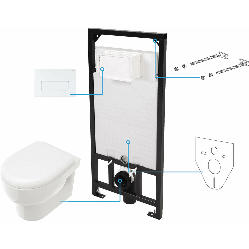 Set vas WC suspendat Deante Avis alb cu cadru de toaleta si rezervor ascuns alb