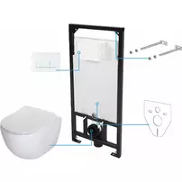 Set vas WC suspendat Deante Peonia Zero alb cu cadru de toaleta, rezervor ascuns si buton de actiune alb