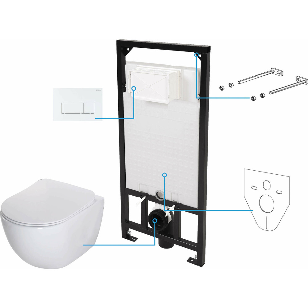 Set vas WC suspendat Deante Peonia Zero alb cu cadru de toaleta, rezervor ascuns si buton de actiune alb actiune