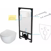 Set vas WC suspendat Deante Peonia Zero alb cu cadru de toaleta, rezervor ascuns si buton de actiune auriu