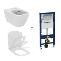 Set vas WC suspendat Ideal Standard I.life B cu capac slim softclose si set rezervor cu cadru incastrat si clapeta crom