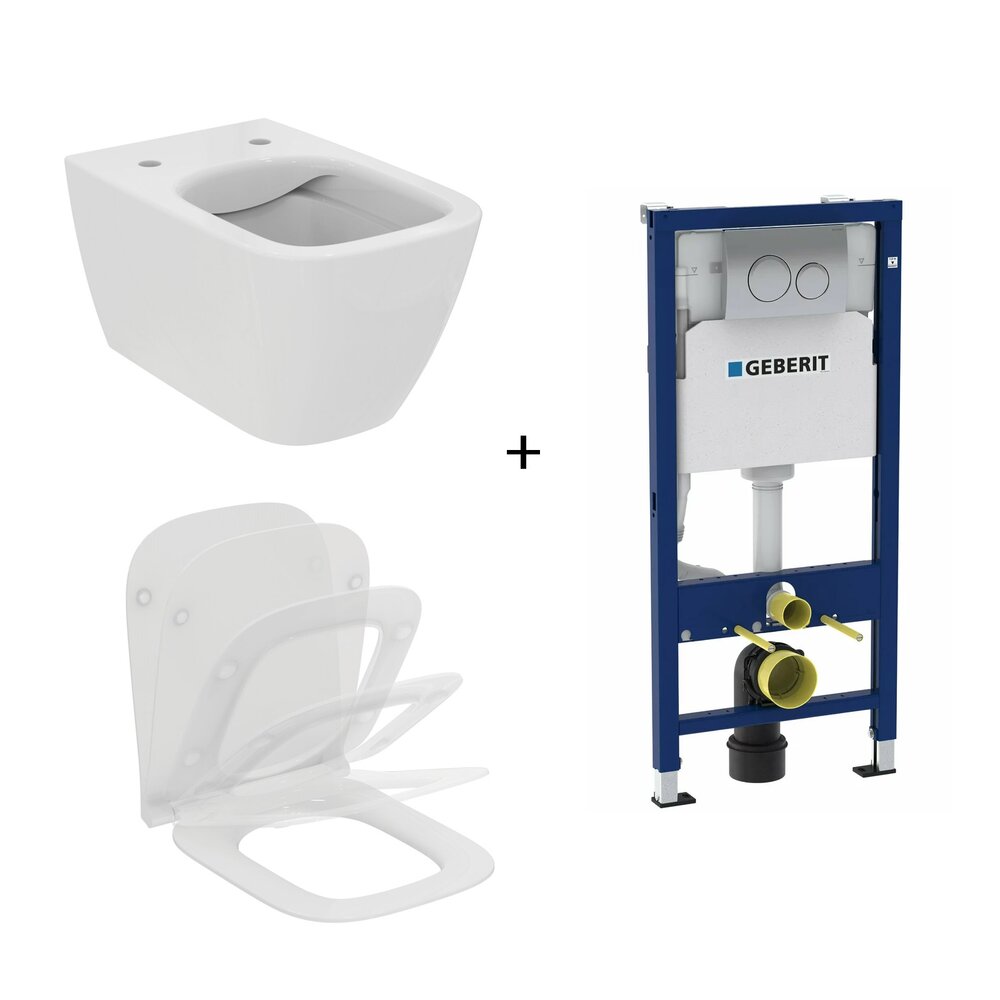 Set vas WC suspendat Ideal Standard I.life B cu capac slim softclose si set rezervor cu cadru incastrat si clapeta crom baie