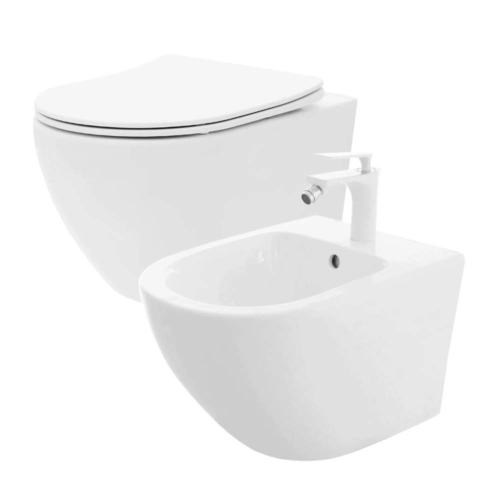 Set vas WC suspendat Rea Carlo Mini cu capac softclose si bideu alb alb