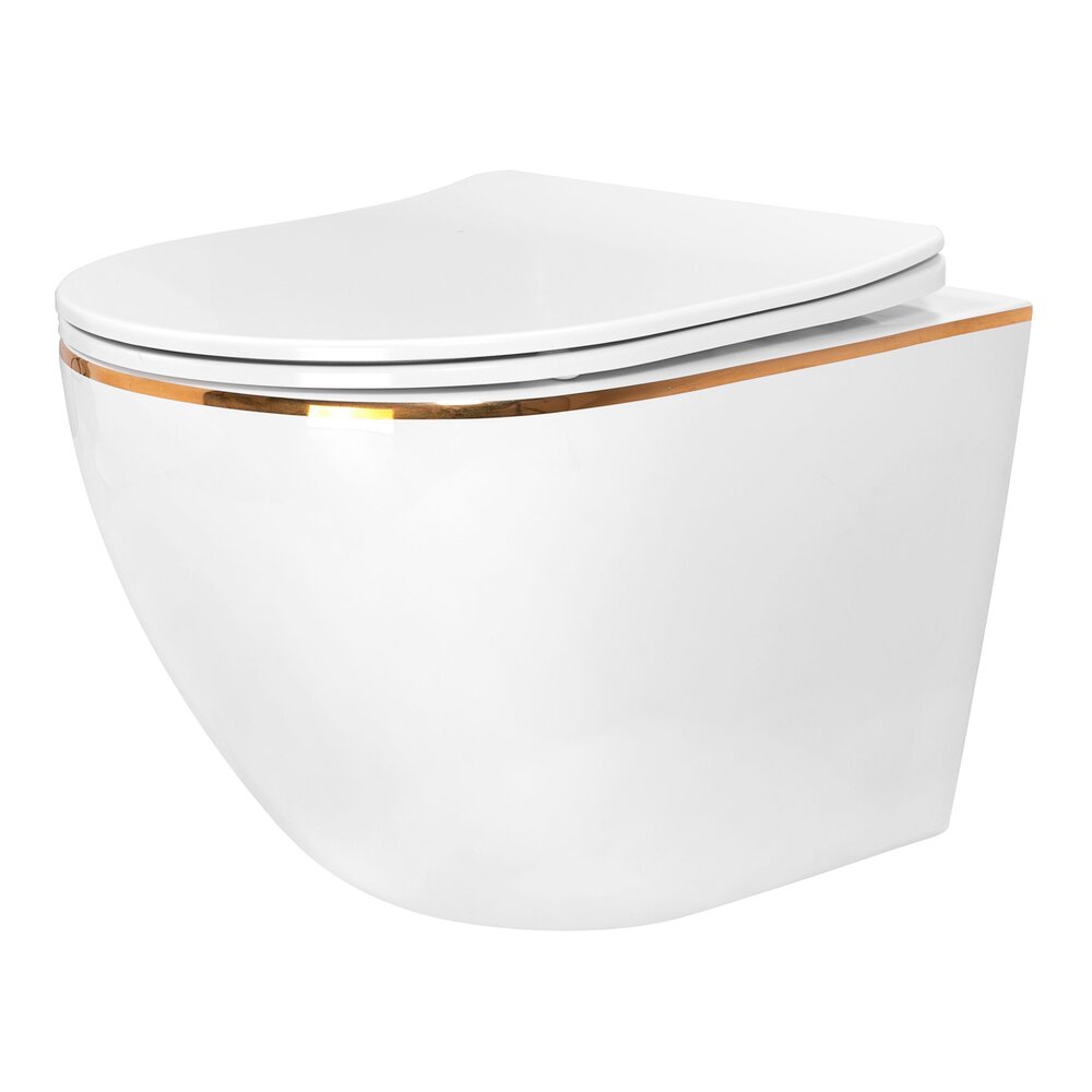 Set vas WC suspendat Rea Carlo rimless alb – auriu cu capac softclose neakaisa.ro imagine 2022