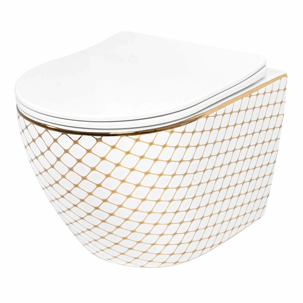 Set vas wc suspendat Rea Carlos Flat Diamond alb – auriu cu capac softclose alb