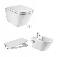 Set vas wc suspendat Roca The Gap rimless cu capac softclose slim si bideu alb