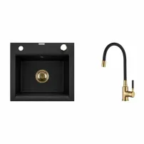 Комплект кухненска мивка Invena Tesalia и смесител Glamour, черно-златно покритие 48x44 см