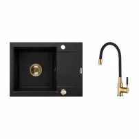 Комплект кухненска мивка Invena Tesalia и смесител Glamour, черно-златно покритие 59x44 см