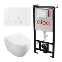 Комплект тоалетно казанче с вградена рамка Alca AM101/1120 и матово бял капак M676 плюс тоалетна чиния Fluminia Minerva с бял капак с плавно затваряне