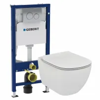 Комплект за окачване на тоалетна чиния Ideal Standard Tesi AquaBlade с капак с плавно затваряне, казанче Geberit Duofix Delta и клапа