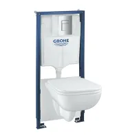 Комплект за окачване на тоалетна чиния с капак Grohe Start Edge, вградено казанче Solido 5 в 1 с хромиран клапан Even
