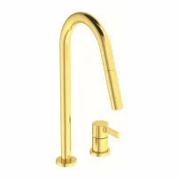Кухненски смесител с издърпващ се душ Ideal Standard Gusto 242 матово злато 2 вида струя