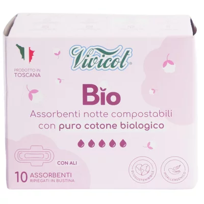 Absorbante de noapte din bumbac compostabil ecologic 5 picaturi 10buc Vivicot