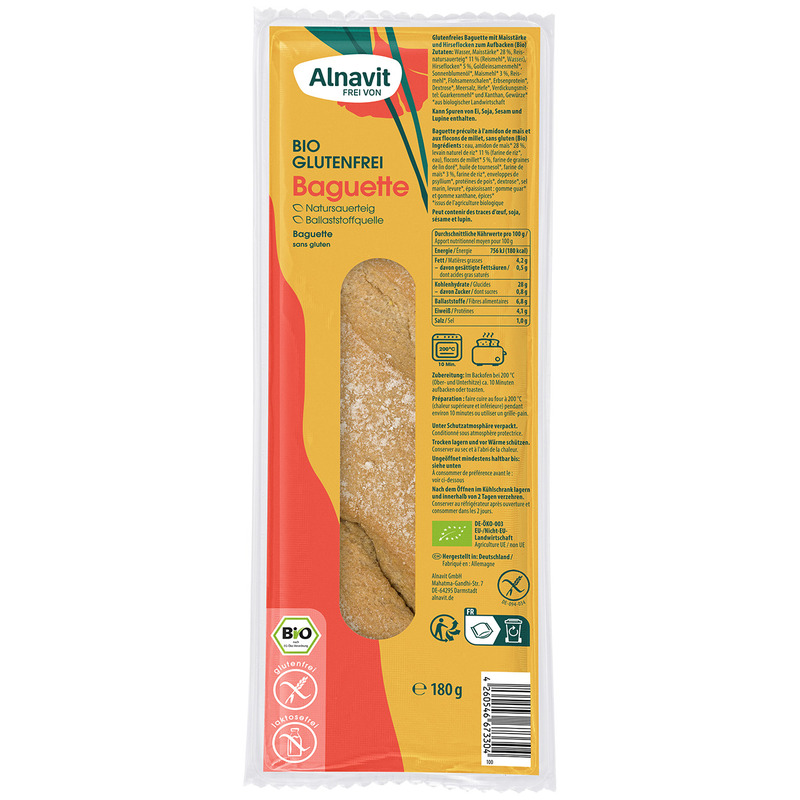 Bagheta fara gluten, precoapta, bio, 180g alnavit