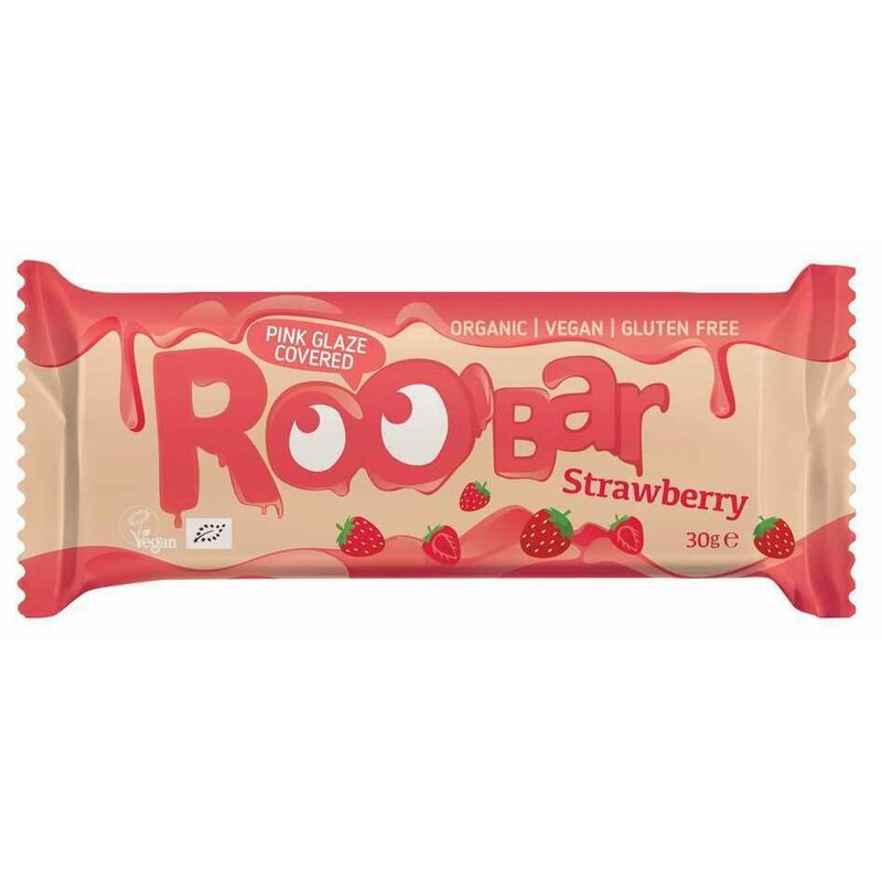 Baton cu capsuni invelit in glazura roz bio 30g roobar