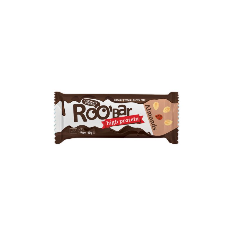 Baton proteic cu migdale invelit in ciocolata bio 40g roobar