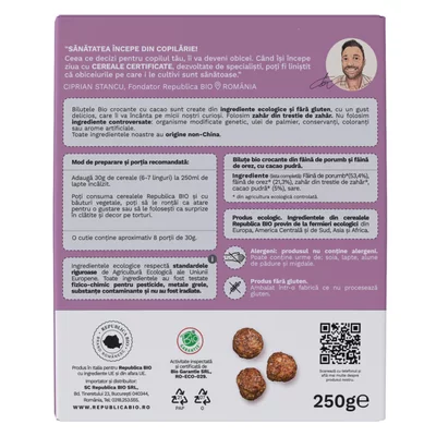 Bilute Bio crocante de ciocolata FARA GLUTEN Republica BIO, bio, 250 g