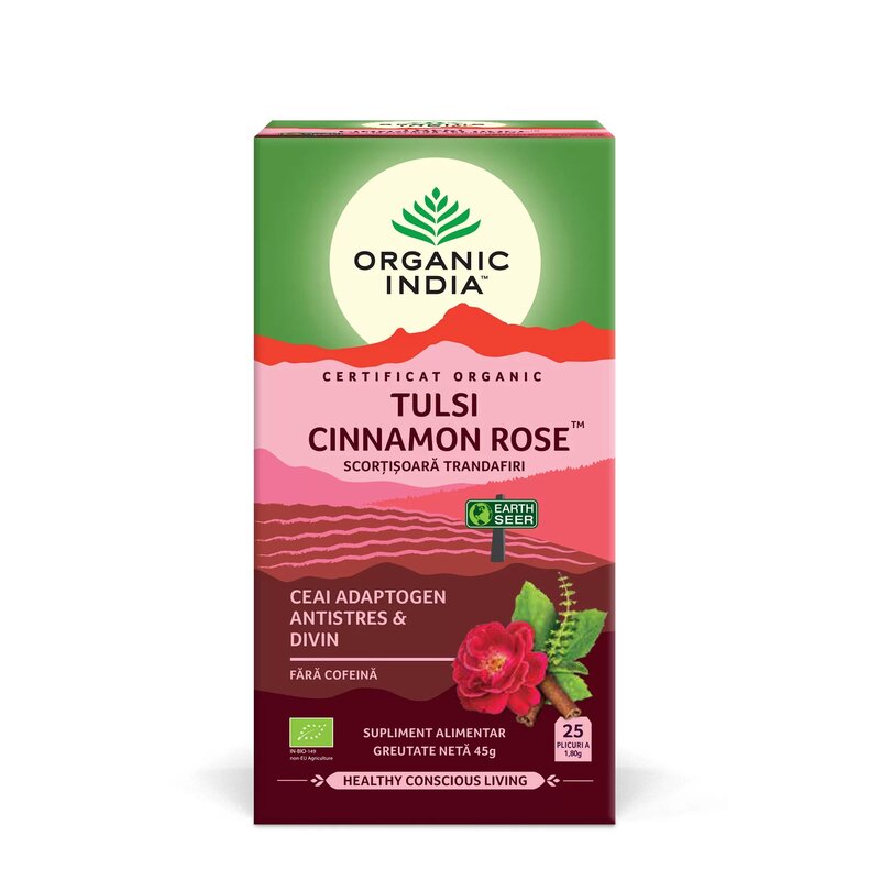 Ceai tulsi (busuioc sfant) scortisoara trandafiri - ceai adaptogen antistres si divin, 25 de plicuri, organic india