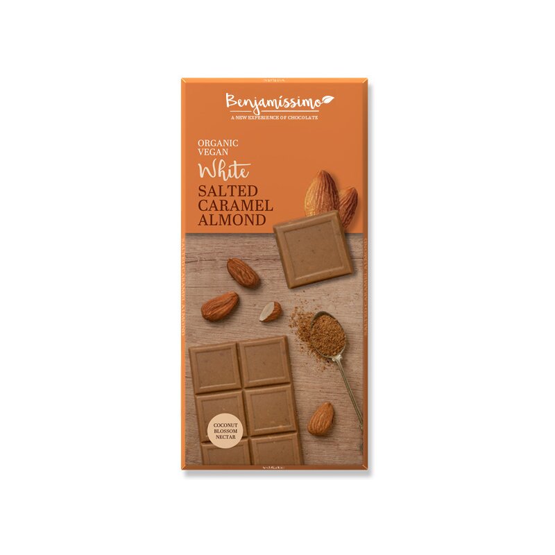 Ciocolata alba cu migdale si caramel sarat bio, 70g, benjamissimo