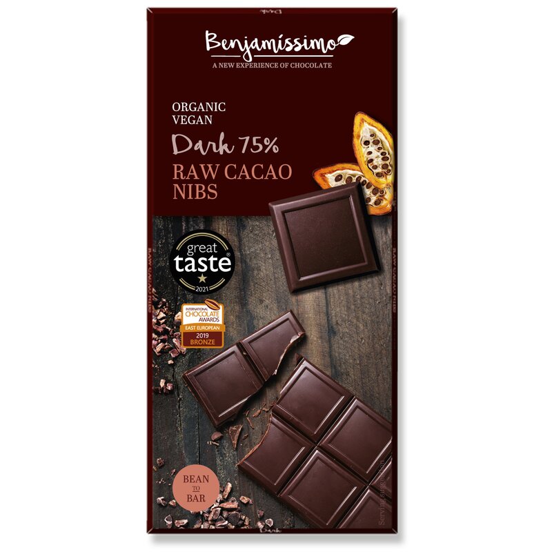 Ciocolata cu cacao nibs bio, 70g, benjamissimo
