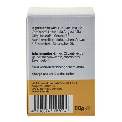 Crema solida pentru maini cu ceara de albine, ulei de masline si lavanda ecologica 50g Aries
