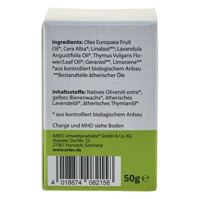 Crema solida pentru picioare cu ulei de masline, ceara de albine, ulei de lavanda si cimbru ecologica 50g Aries