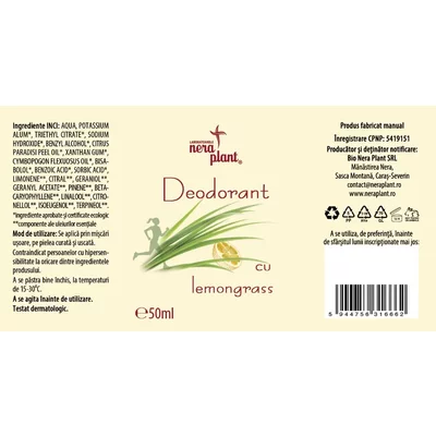 Deodorant cu lemongrass, 50ml, Laboratoarele Nera Plant