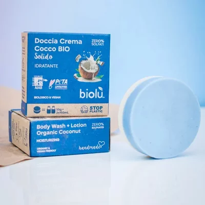 Gel de dus solid si crema hidratanta cu cocos ecologic 55g Biolu