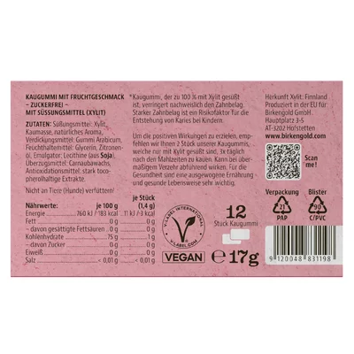 Guma de mestecat cu fructe 12 drajeuri 17g Birkengold