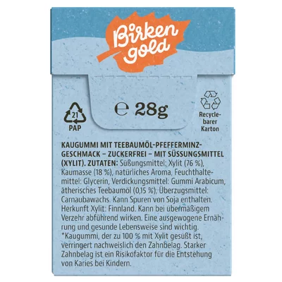 Guma de mestecat cu tea tree si menta 20 drajeuri 28g Birkengold