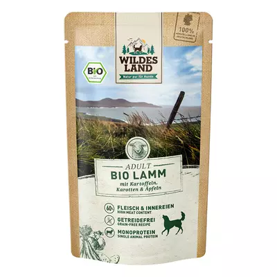 Hrana umeda pentru caini BIO miel cu cartofi, morcovi, mere, 125 g, Wildes Land