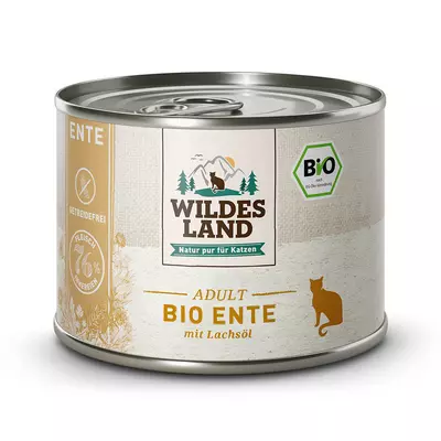 Hrana umeda pentru pisici BIO rata pura cu ulei de somon, 200 g, Wildes Land