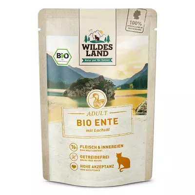 Hrana umeda pentru pisici BIO rata pura cu ulei de somon, 85 g, Wildes Land