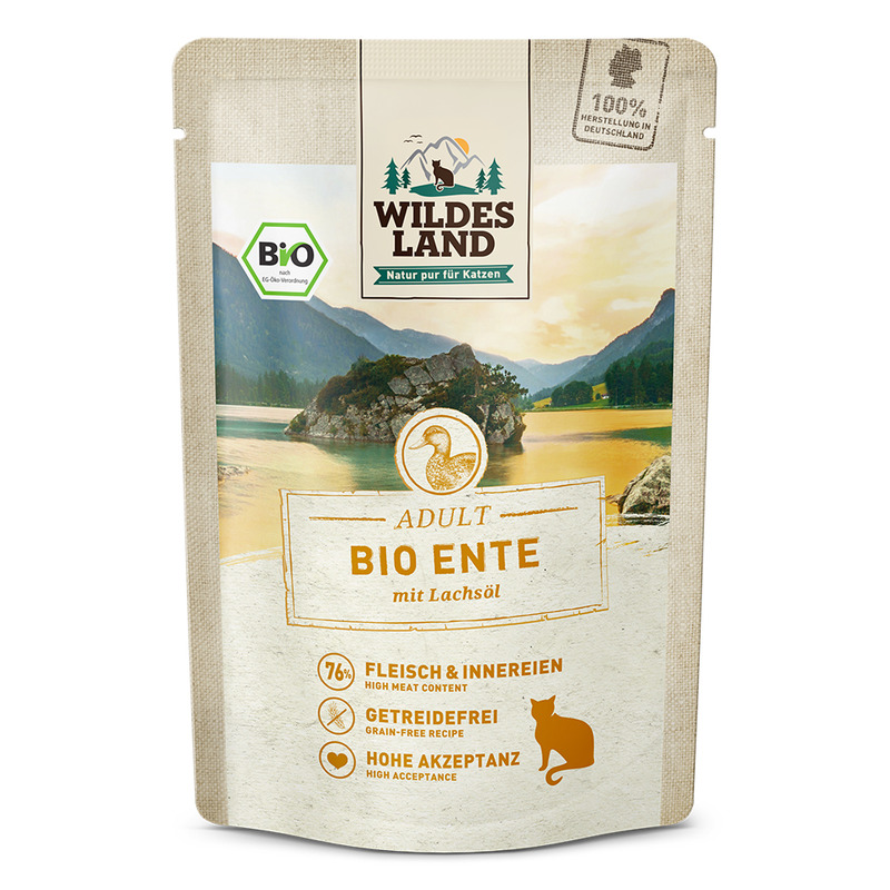 Hrana umeda pentru pisici bio rata pura cu ulei de somon, 85 g, wildes land