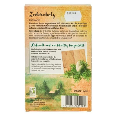 Lemn de cedru parfumat impotriva moliilor 4 bucati x 26g Aries