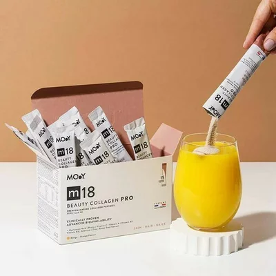 m18 PRO Colagen hidrolizat marin premium monodoza, dovedit clinic, beauty, 6.300mg tip I si III, aroma mango si portocale, 15 plicuri, 120 g, natural, Molecules of Youth