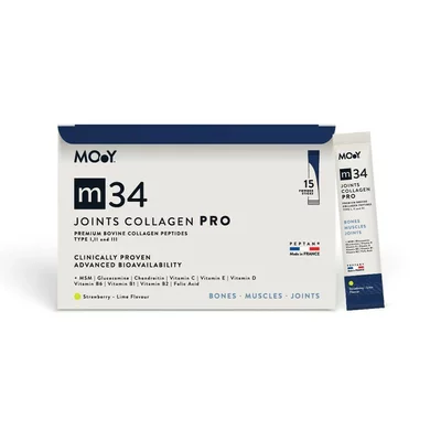 m34 PRO Colagen hidrolizat bovin premium monodoza, dovedit clinic, articulatii, 7.000mg tip I, II si III, aroma capsuni si lime, 15 plicuri, 195 g, natural, Molecules of Youth