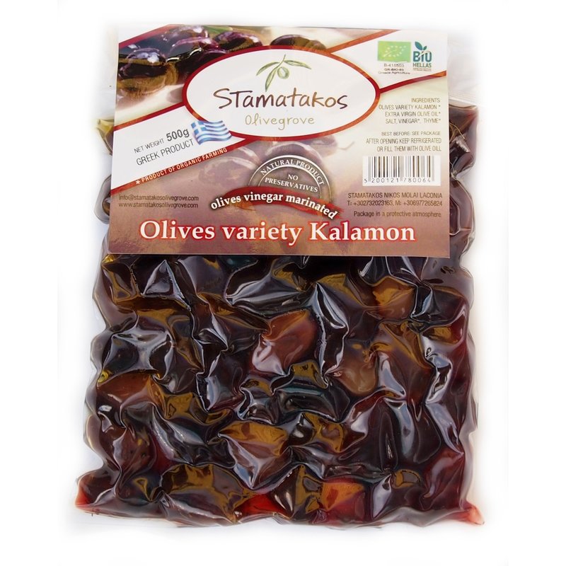 Masline kalamata, vidate, marinate in otet, bio, 500g, stamatakos olivegrove