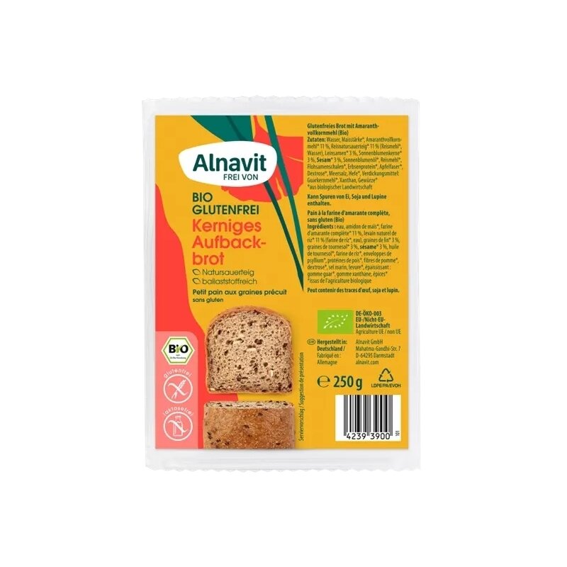 Paine cu multicereale fara gluten, precoapta, bio, 250g alnavit