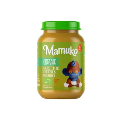 Piure de morcovi, mazare, cartofi cu pui bio 6+ luni 190g Mamuko PRET REDUS