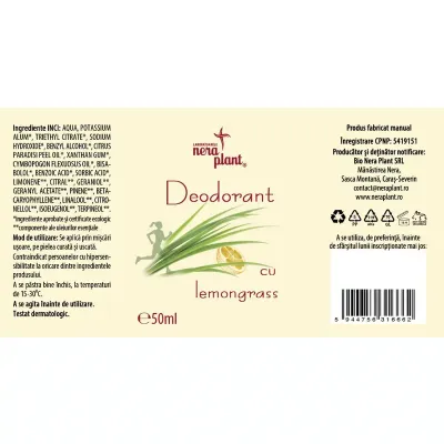 Deodorant cu lemongrass, 50ml, Laboratoarele Nera Plant