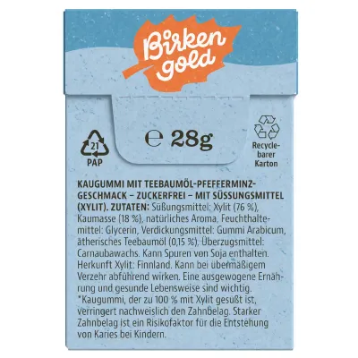 Guma de mestecat cu tea tree si menta indulcita cu xylitol 20 drajeuri 28g Birkengold