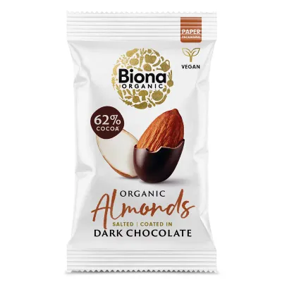 Migdale sarate invelite in ciocolata neagra bio 30g Biona PRET REDUS