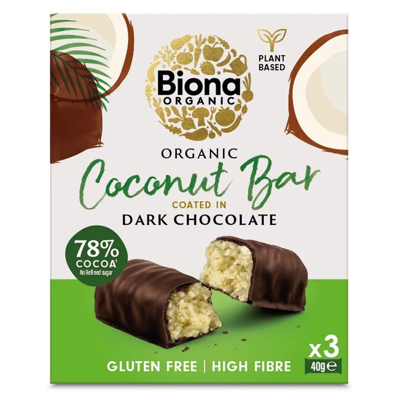 Baton cu cocos invelit in ciocolata neagra bio 3 x 40g Biona