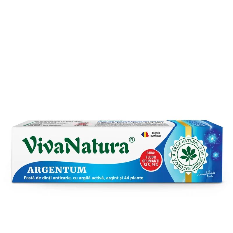 Argentum - pasta de dinti naturala 99,5% cu argila activa, argint si 44 plante, fara fluor, 80ml, VivaNatura
