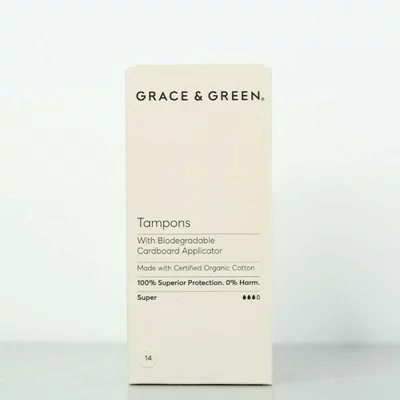 Tampoane cu aplicator din bumbac organic 100% biodegradabile Super (14 buc), Grace and Green