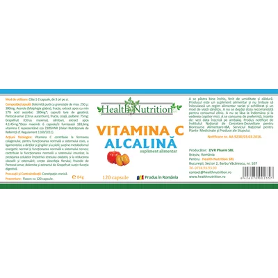 Vitamina C alcalina - Health Nutrition, 120 capsule