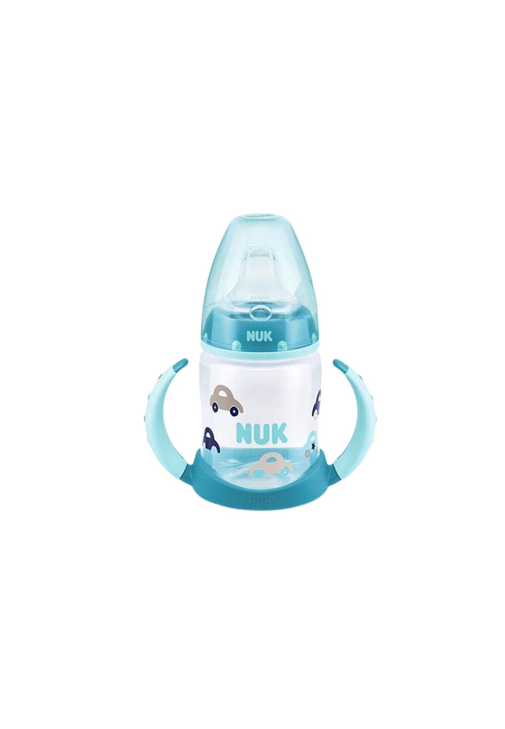 Biberon Nuk cu manere, tetina din silicon, 6+ luni, 150ml, albastru cu masini